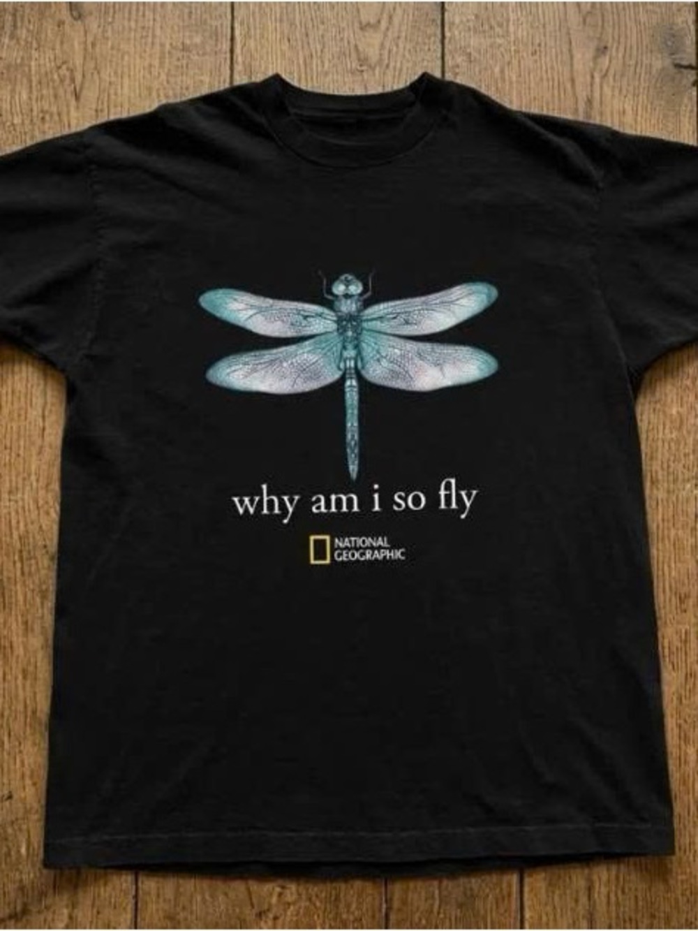 National Geographic Black Tee with Teal Dragonfly Graphic